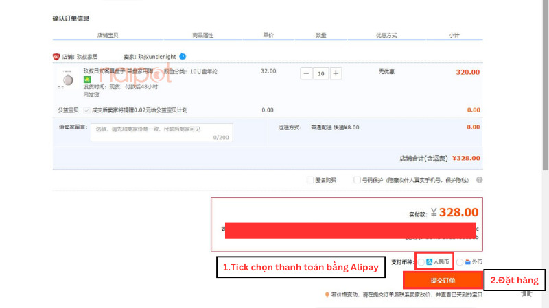 Chọn phương thức thanh toán bằng Alipay