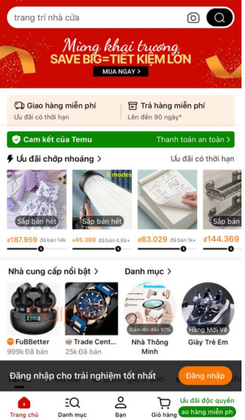 App Temu trên điện thoại