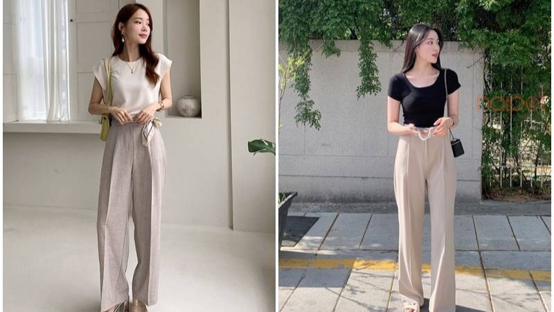 Phối quần ống rộng với áo thun ôm Phối quần ống rộng với áo thun ôm