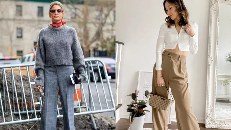 Phối quần ống rộng với áo len dáng ngắn Phối quần ống rộng với áo len dáng ngắn