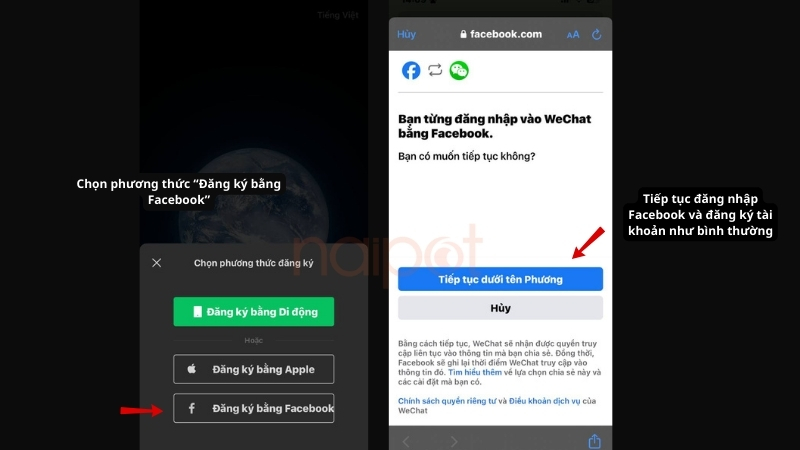Giao diện đăng ký bằng tài khoản Facebook