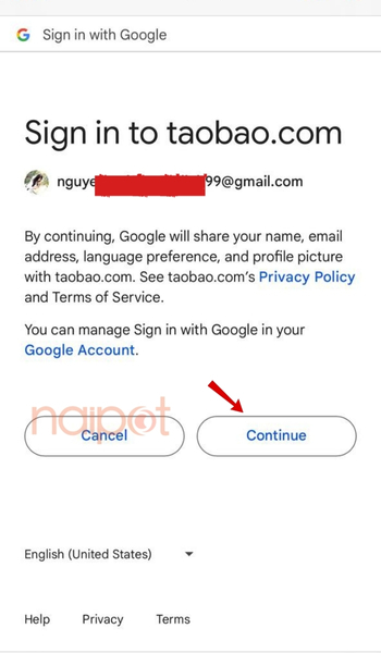 Chọn continue để tiếp tục đăng ký bằng gmail