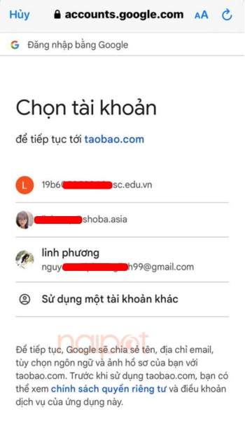 Chọn gmail để tiếp tục