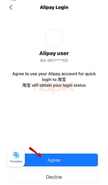 Chọn "Agree" để đồng ý truy cập Alipay