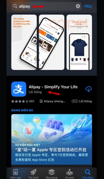 Giao diện khi tìm kiếm "Alipay" trên Appstore Giao diện khi tìm kiếm "Alipay" trên Appstore