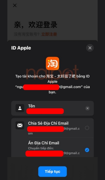 Ấn tiếp tục để cho phép đăng ký bằng ID Apple