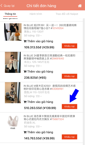 Chọn sản phẩm muốn tạo khiếu nại shop Trung Quốc Chọn sản phẩm muốn tạo khiếu nại shop Trung Quốc