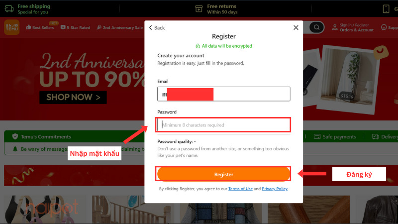 Nhập mật khẩu và đăng ký trên website Nhập mật khẩu và đăng ký trên website