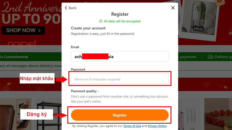 Nhập mật khẩu và đăng ký trên website Nhập mật khẩu và đăng ký trên website