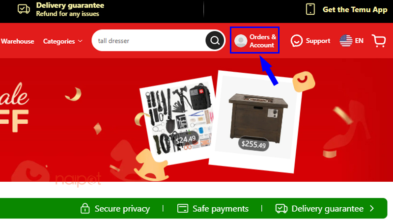 Trang chủ Temu, chọn Orders & Account Trang chủ Temu, chọn Orders & Account