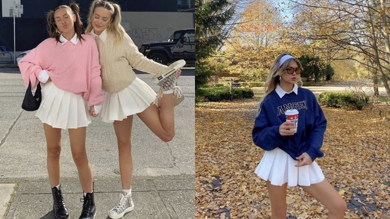 Chân váy tennis phối với áo sweater Chân váy tennis phối với áo sweater