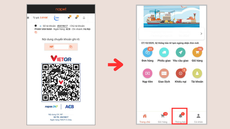 Sao chép thông tin và chuyển tiền vào tài khoản được cung cấp 