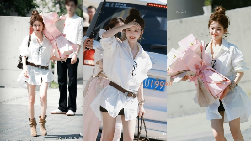 Áo sơ mi oversize với thắt lưng da Áo sơ mi oversize với thắt lưng da