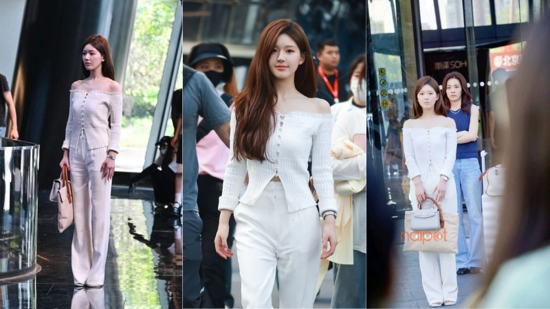 Áo dệt kim trễ vai với quần ống rộng Áo dệt kim trễ vai với quần ống rộng