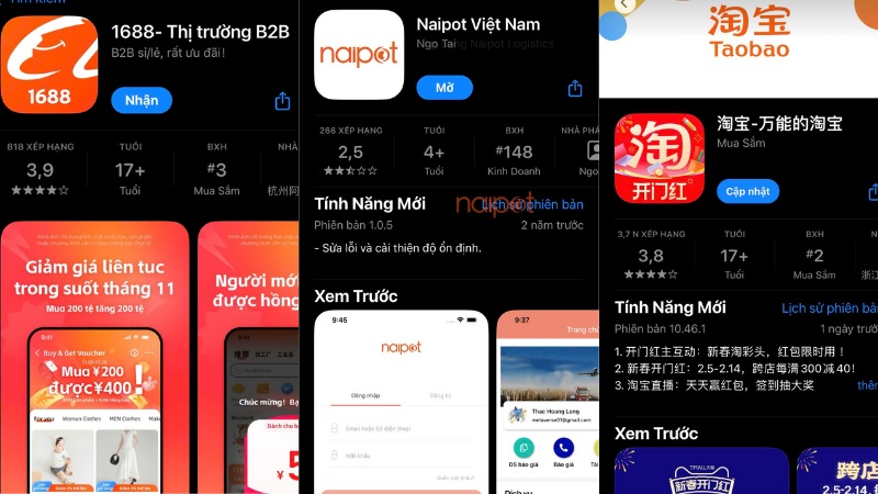 Tải ứng dụng Taobao, 1688 và Naipot Tải ứng dụng Taobao, 1688 và Naipot