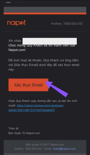 Bấm xác thực Email trong hộp thư 