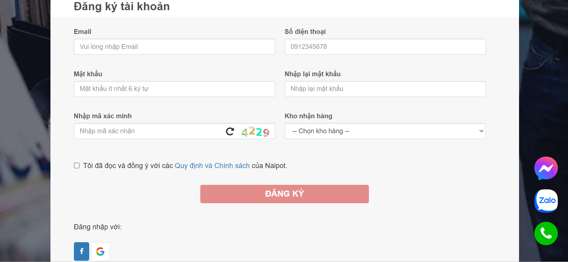 Điền thông tin đăng ký 