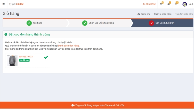 Đặt cọc đơn thành công Đặt cọc đơn thành công