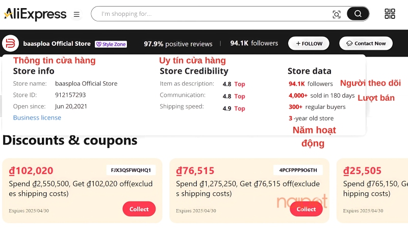 Số lượng người theo dõi, năm hoạt động, lượt bán hàng Số lượng người theo dõi, năm hoạt động, lượt bán hàng