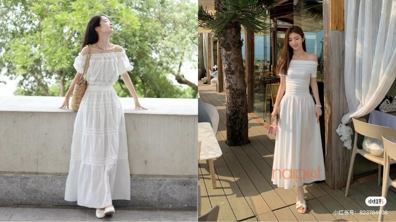 Đầm maxi Trung Quốc trễ vai Đầm maxi Trung Quốc trễ vai