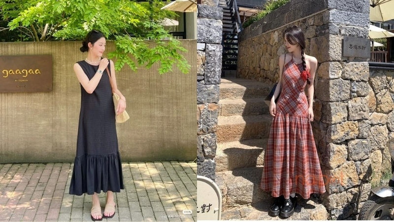 Đầm maxi Trung Quốc xếp ly Đầm maxi Trung Quốc xếp ly