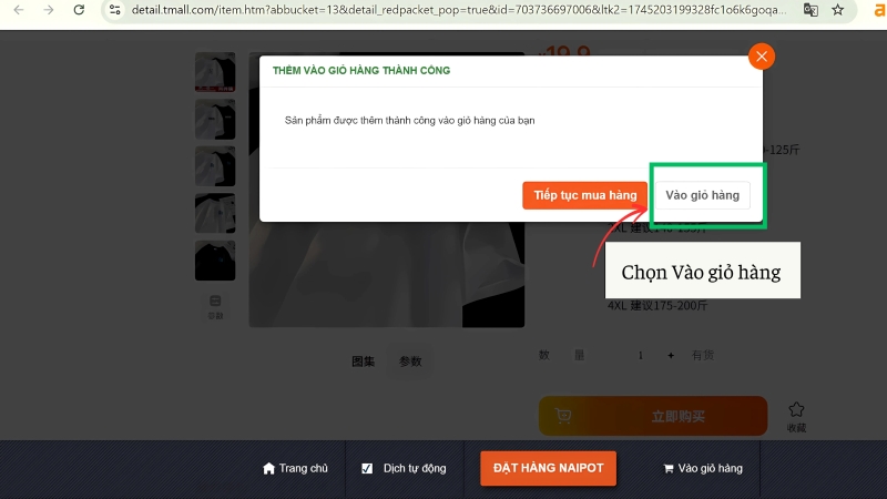 Tiếp tục chọn Vào giỏ hàng 