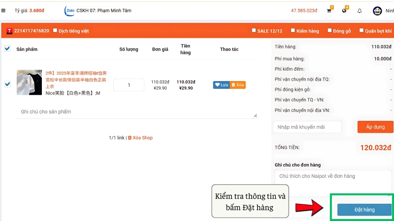 Kiểm tra lại thông tin đơn hàng và chọn Đặt hàng 