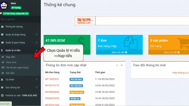 Truy cập vào mục Quản lý ví tiền 