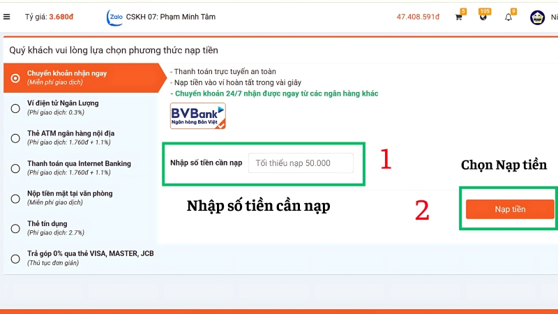Nhập số tiền cần nạp và bấm Nạp tiền 