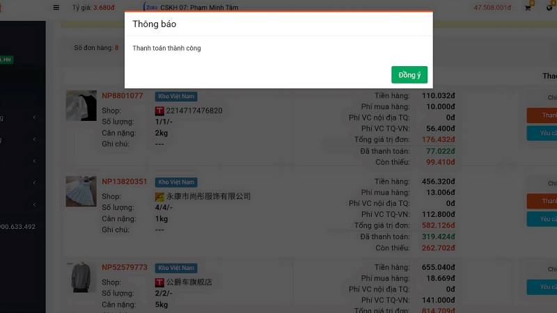 Thông báo thanh toán thành công 