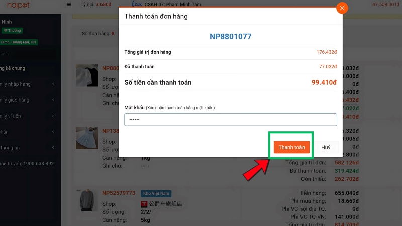 Tiến hành thanh toán khi đơn hàng về kho Việt Nam