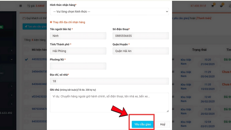 Tạo yêu cầu giao sau khi đã thanh toán thành công