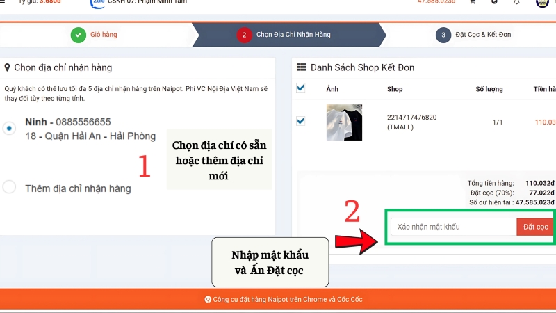 Chọn địa chỉ và đặt cọc đơn hàng 