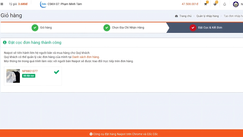 Thông báo đặt cọc thành công 
