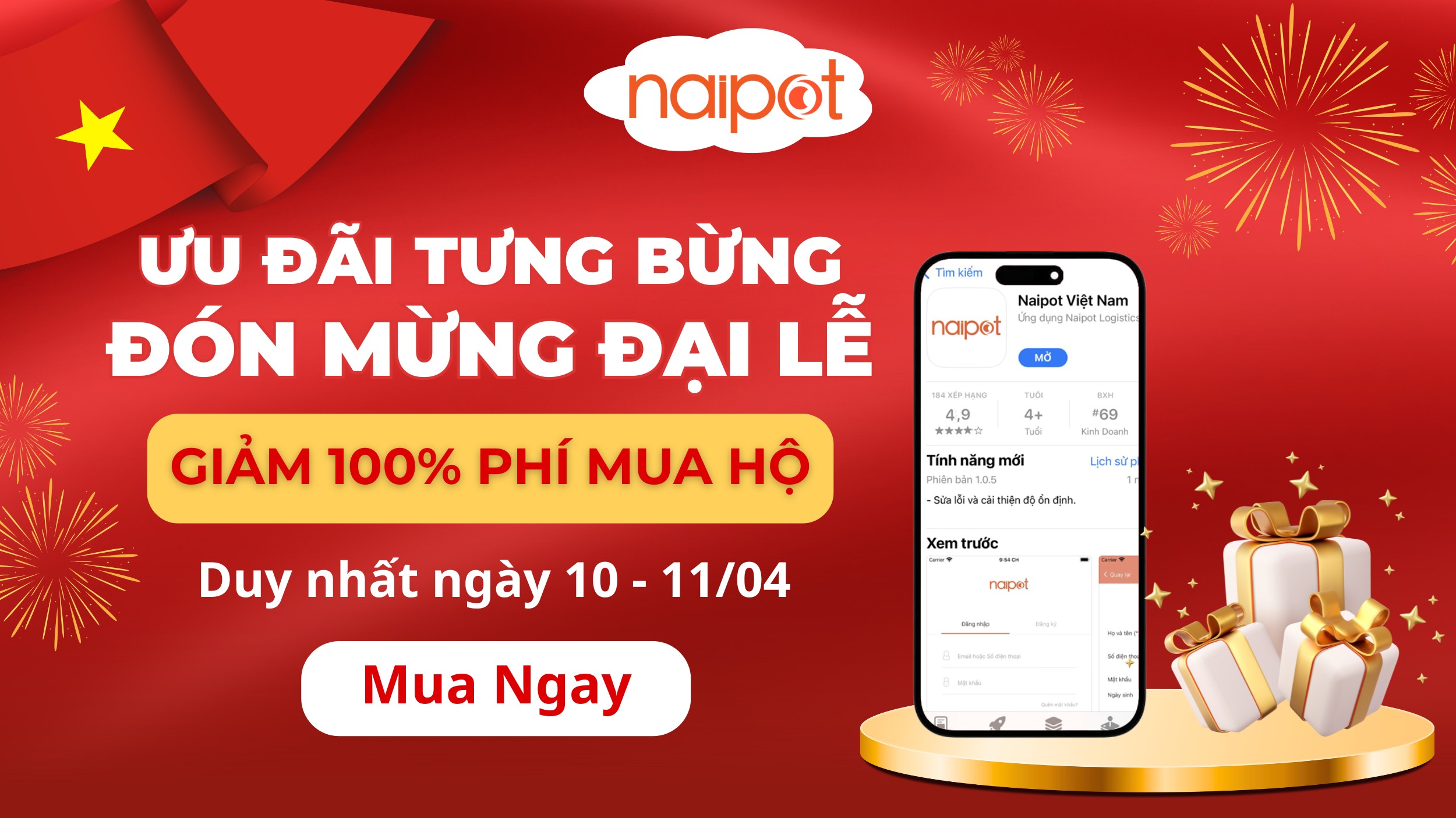 Ưu đãi tưng bừng, đón mừng đại lễ! Naipot free phí mua hộ Ưu đãi tưng bừng, đón mừng đại lễ! Naipot free phí mua hộ