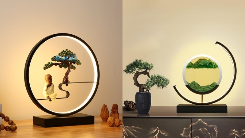 Đèn ngủ để bàn kết hợp tranh phong cảnh 