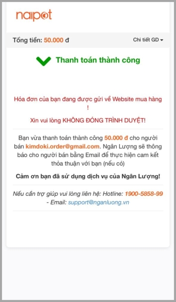 Hóa đơn đang chuyển về website mua hàng 