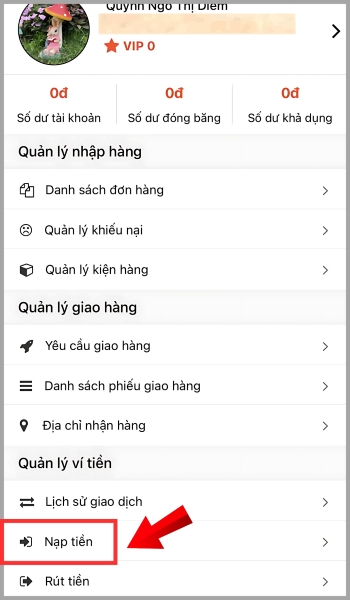 Chọn mục Nạp tiền 