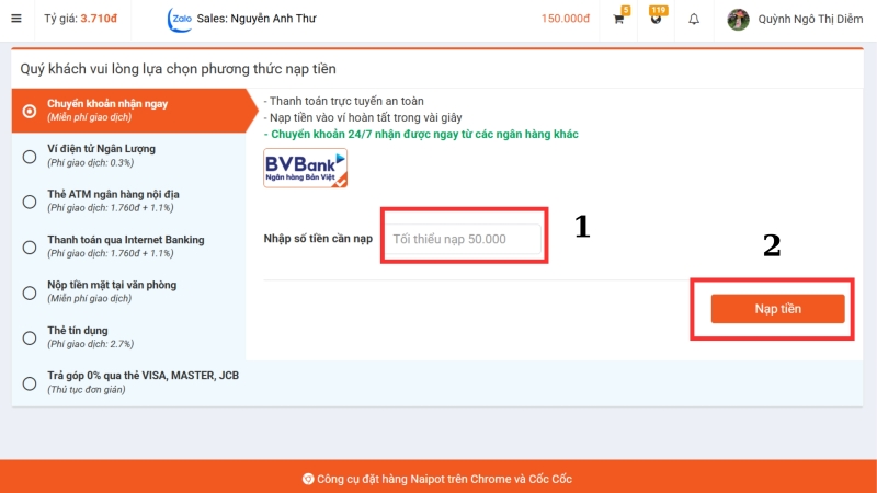 Nhập số tiền cần nạp vào ví 
