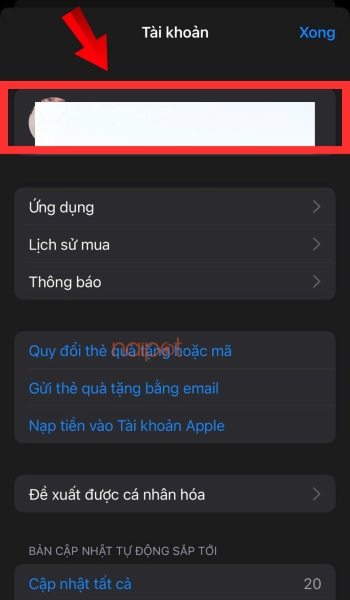 Bấm chọn vào tài khoản Apple 