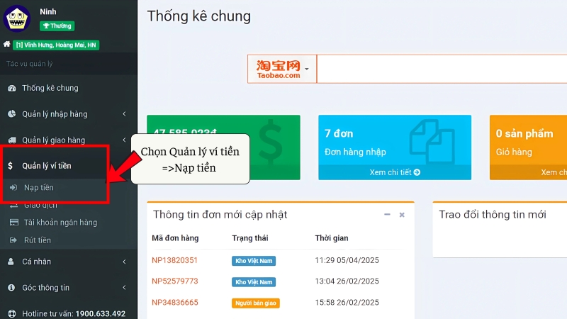 Nạp thêm tiền nếu số dư không đủ đặt cọc 