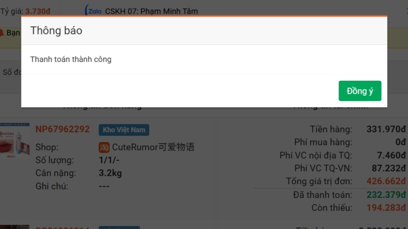 Thông báo thanh toán thành công 