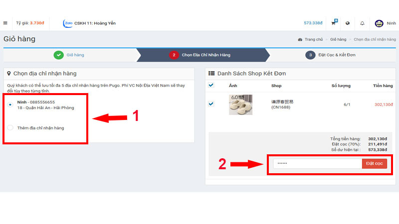 Chọn địa chỉ nhận hàng, nhập mật khẩu và đặt cọc