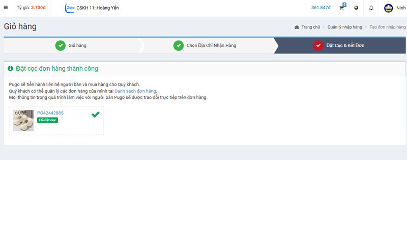 Đặt cọc đơn hàng thành công