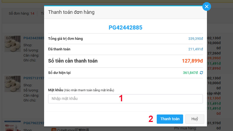 Nhập mật khẩu và thanh toán số tiền còn thiếu