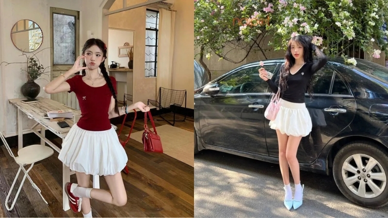 Áo thun ôm body phối cùng chân váy bí