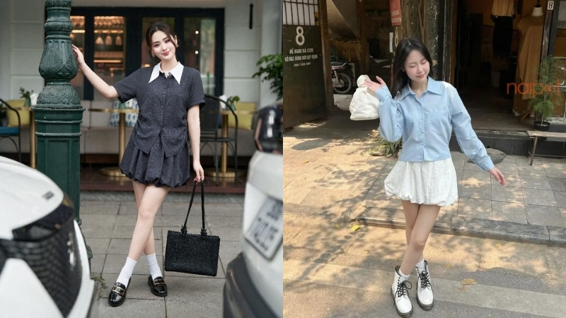 Áo sơ mi dáng ngắn với chân váy bí