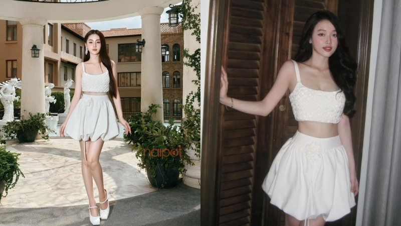 Chân váy bí mặc cùng áo hai dây bản to