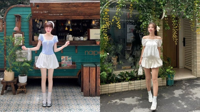 Áo cổ vuông tay bồng phối với chân váy bí 