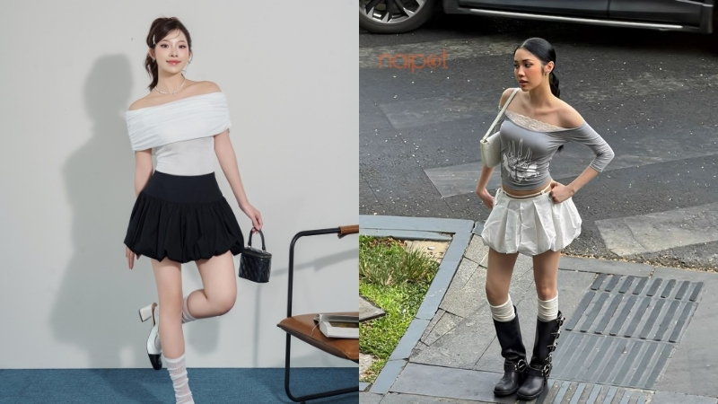 Phối chân váy bí với áo trễ vai